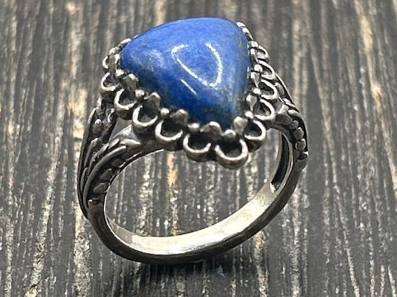 Carolyn Pollack Denim Lapis Sterling Silver Ring, Size 8, 8 Grams, Southwestern Artisan Jewelry, Vintage Relios Statement Ring