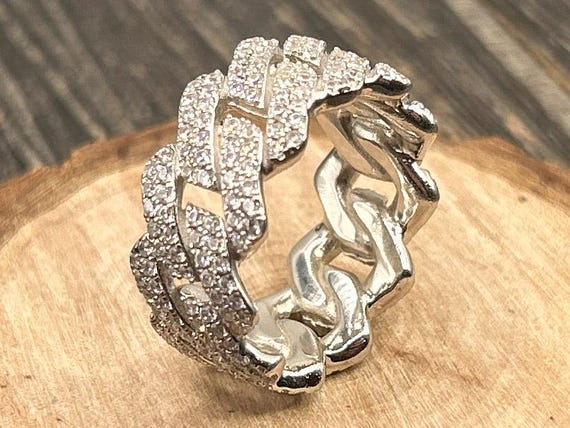 Curb Link Ring, Iced Out White Stone Band, Sterling Silver