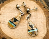 Sterling Silver Southwestern Inlay Earrings with Tiger's Eye, Onyx, Opal
