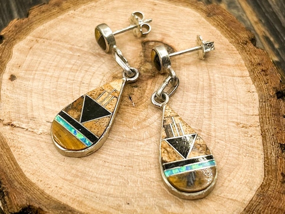 Sterling Silver Southwestern Inlay Earrings with Tiger's Eye, Onyx, Opal