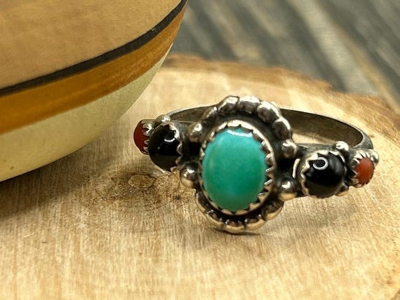 Elegant Native American Sterling Silver Turquoise Onyx Coral Ring by Richard Begay, Size 9, Southwestern Jewelry