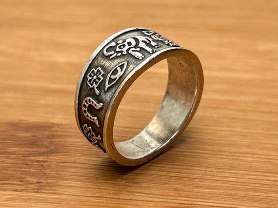 Vintage Taxco Sterling Silver Lucky Symbols Ring 9 3/4 – Elephant, Owl, Eye, Horseshoe, Shamrocks