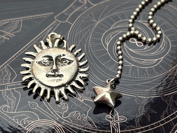 Sterling Silver Ball Chain Necklace with Star & Sun Pendant, Celestial Jewelry, Tarot Cards, Halloween Gift