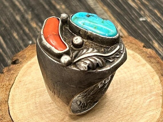 Massive Vintage Navajo Jessie Thompson Sterling Silver Turquoise & Coral Ring Sz 11.5 Heavy Statement Piece