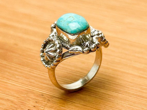 Genuine Sterling Silver Concho Navajo Turquoise Ring - Handcrafted by Genevieve Francisco