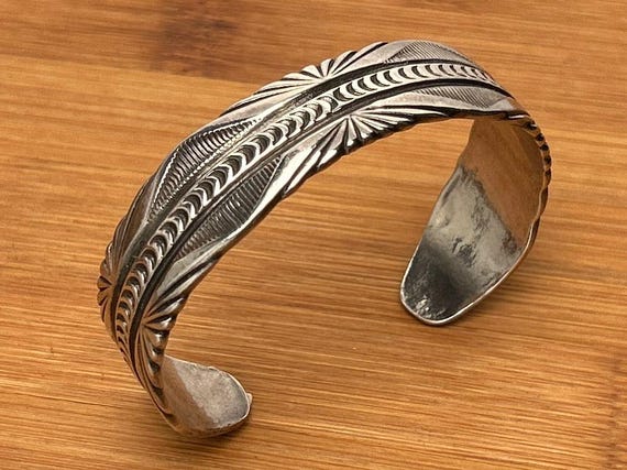 Vintage Southwestern Sterling Silver Feather Cuff Bracelet, Shube 925