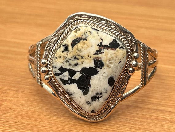 White Buffalo Turquoise Cuff Bracelet, SS Sterling Silver, Native American Jewelry, Southwestern Style