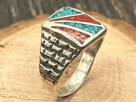 Vintage Native-Inspired Turquoise & Coral Sterling Silver Ring, Size 11, Statement Ring, Southwestern Style Jewelry