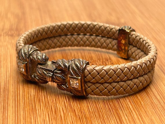 Judith Ripka Sterling Silver Gold Overlay Brown Leather CZ Diamonique Bracelet