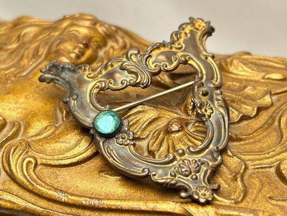 Antique Ornate Brass Brooch with Teal Stone, Victorian Revival Jewelry, Rococo Style Pin