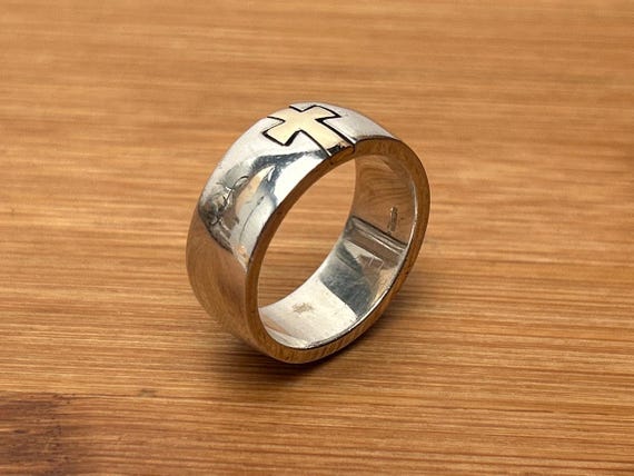 Vintage Sterling Silver Cross Ring, Size 9 3/4, Solid 13.5g Band with Gold-Colored Inlay Cross, STER Marked