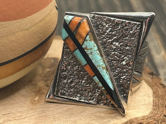 Sterling Silver & Turquoise Inlay Ring, Size 11 1/2, 18.4 Grams, Southwestern Jewelry, Mens Ring,  Spiny Oyster, Jet, Mens Gift, Unique Ring