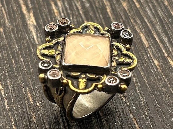 Mars and Valentine Smoky Quartz Sterling Silver Ring Size 7.25, Two-Tone Brown Topaz Statement Cigar Band