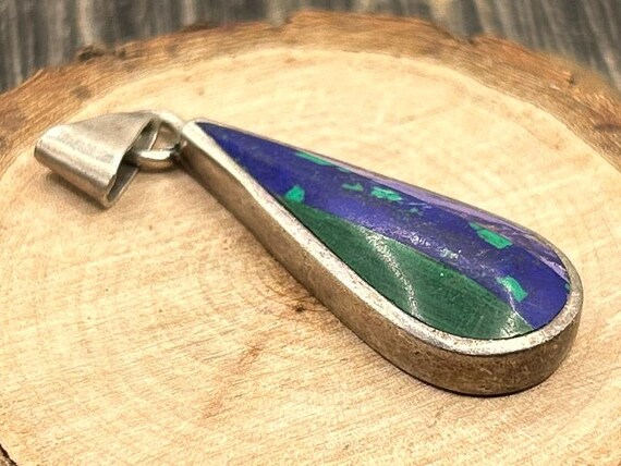 Vintage Taxco Mexico 950 Silver Pendant Lapis Lazuli Malachite Inlay Teardrop Necklace Charm Modernist