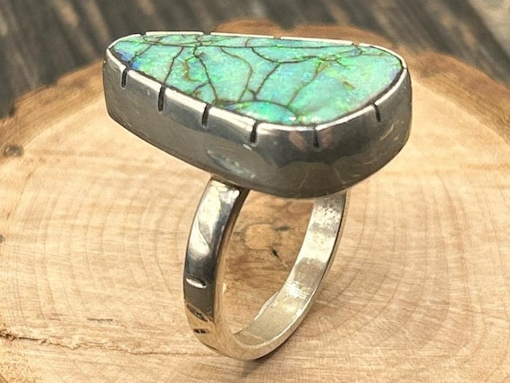 Unique Green Opal Ring, Artisan Sterling Silver, Statement Jewelry, Size 9