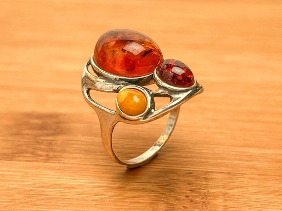 Whimsical Baltic Amber Ring in Sterling Silver | Unique Design & Honey-Colored Gemstones