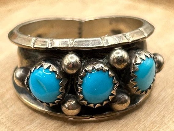 Vintage Signed Navajo Turquoise Ring Sterling Silver Three Stone Southwestern Size 8.75 - HM Artist Marked