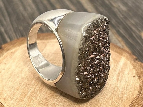 Milor Italy Sterling Silver Gray Agate Druzy Ring Size 8 Heavy 925 Statement Jewelry