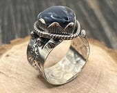 Native-Inspired Sterling Silver and Blue Gemstone Ring, Size 11 1/4, 3-Prong Shank with Spikes, Southwestern Style, Statement Ring