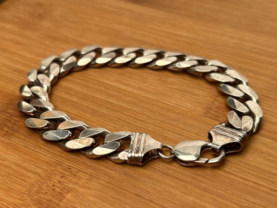Vintage Sterling Silver Curb Chain Bracelet, 61.4g, Italy 925