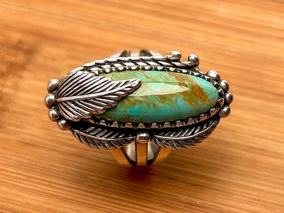 Carol Felley Sterling Silver Turquoise Leaf Ring - Vintage 2002, Size 6, 12.38 Grams