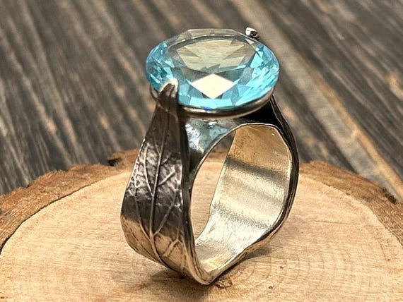 Vintage Israel Sterling Silver Leaf Ring - Large Round Blue Stone Statement - Botanical Wide Band
