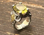 Ann King Sterling Silver and 18K Gold Lemon Quartz Ring, Artisan Scrollwork Design, Signed Ann King, Size 6, 13.33g
