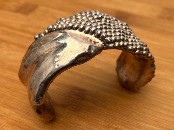 Bat-Ami Sterling Silver Cuff Bracelet, Heavy Modernist 7.5" Statement, 925 Textured Wide Bangle, 50g