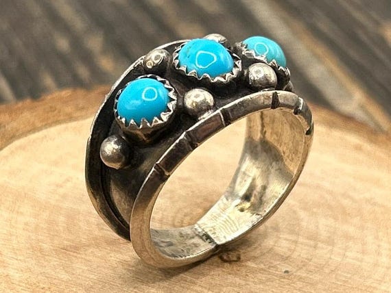 Navajo Rose Castillo Turquoise and Sterling Silver Ring, Vintage RC Stamped, Size 7 3/4