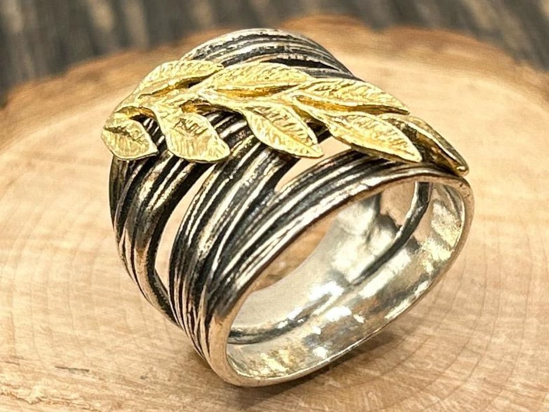 PZ Israel Sterling Silver Gold Leaf Ring, Vintage 925 Statement