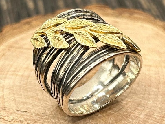 PZ Israel Sterling Silver & Gold Leaf Ring, Vintage 925 Statement Ring