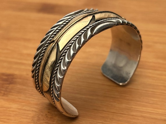 Sterling Silver 1/20 12K Gold Fill Feather Cuff Bracelet by Navajo Artist Lee Bennett