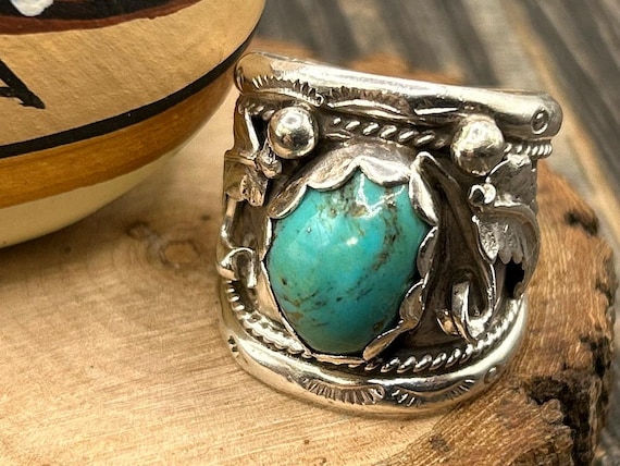 Navajo Sterling Silver Turquoise Wide Band Ring Size 10 Sc Signed 14 Grams