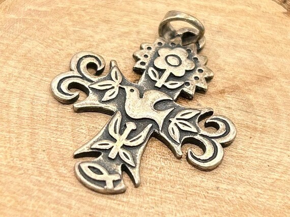 Retired James Avery La Primavera Cross Pendant Sterling Silver 925 Rare Christian Charm Dove Flower Fish 1.25 Inch