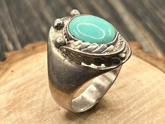 Vintage Navajo Sterling Turquoise Ring, Unisex Heavy Chunky Gemstone Jewelry, Southwestern Style Size 9