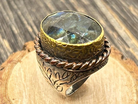 Boho Labradorite Ring, Sterling Silver Copper Brass Statement Ring, Size 7 3/4
