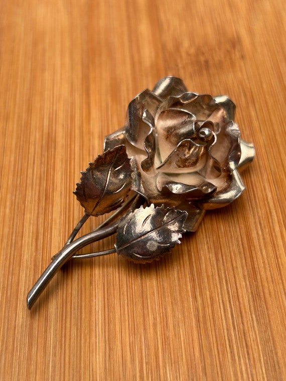 Sterling Brooch Taxco Rose Flower 1940s Mexico 980 Silver