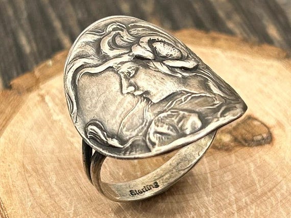 Art Nouveau Sterling Silver Woman Profile Ring, Size 11 3/4, Repousse Style, Vintage Inspired Jewelry