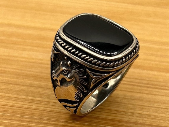 Men's Sterling Silver Signet Ring, Intricate Horse Head Design, Black Onyx Gemstone, Size 10 3/4