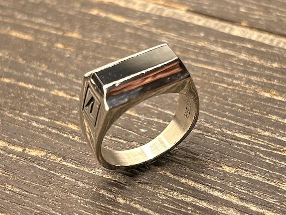 Vintage Sterling Silver CTO O.C. Tanner Rectangular Onyx Signet Ring, Size 8 3/4, 10.5 Grams, Retro Letter A Design