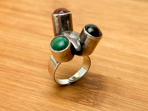Unique Israel Designer Sterling Silver Adjustable Multi-Gemstone Ring with Malachite, Tiger's Eye, and Carnelian Cabochons