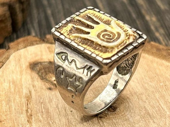 Handcrafted Southwestern Style Silver Ring with Swirl Hand Symbol - Size 8 3/4, 10.6g