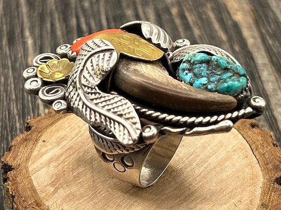 Vintage Navajo Bear Claw Ring with Turquoise and Coral in Sterling Silver, Size 12 1/4 - Statement Biker Ring