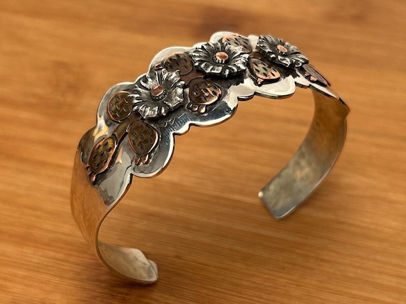 Vintage Jeep Collins Sterling Copper Cactus Flower Bracelet - Rare Southwest Design