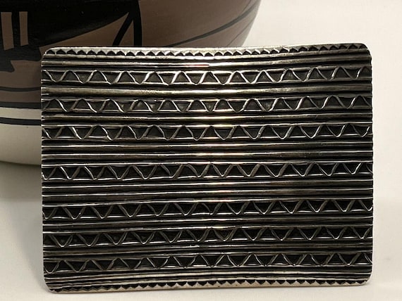Navajo Sterling Silver Belt Buckle Orville White Geometric Stamped Heavy 70g