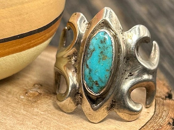 Vintage Sandcast Style Sterling Silver Turquoise Ring Size 10.5 - 12g Heavy Southwest Old Pawn Style