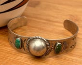Vintage Navajo Sterling Silver Cuff Bracelet with Green Turquoise & Hand-Stamped Motifs, Adjustable Southwestern Jewelry