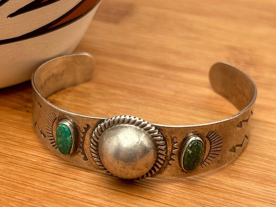 Vintage Navajo Sterling Silver Cuff Bracelet with Green Turquoise & Hand-Stamped Motifs, Adjustable Southwestern Jewelry