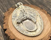 Vintage Sterling Silver Horse Head Pendant Large Equestrian Medallion Western Cowboy Rope Border