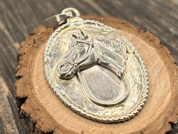 Vintage Sterling Silver Horse Head Pendant Large Equestrian Medallion Western Cowboy Rope Border